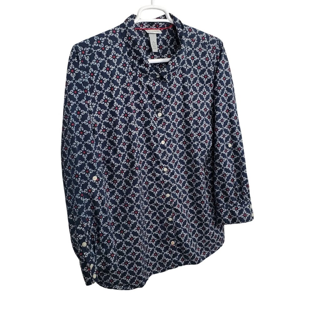 Catherines 3X Shirt Blouse Button Front Lobster Print Cotton Roll Tab Nautical